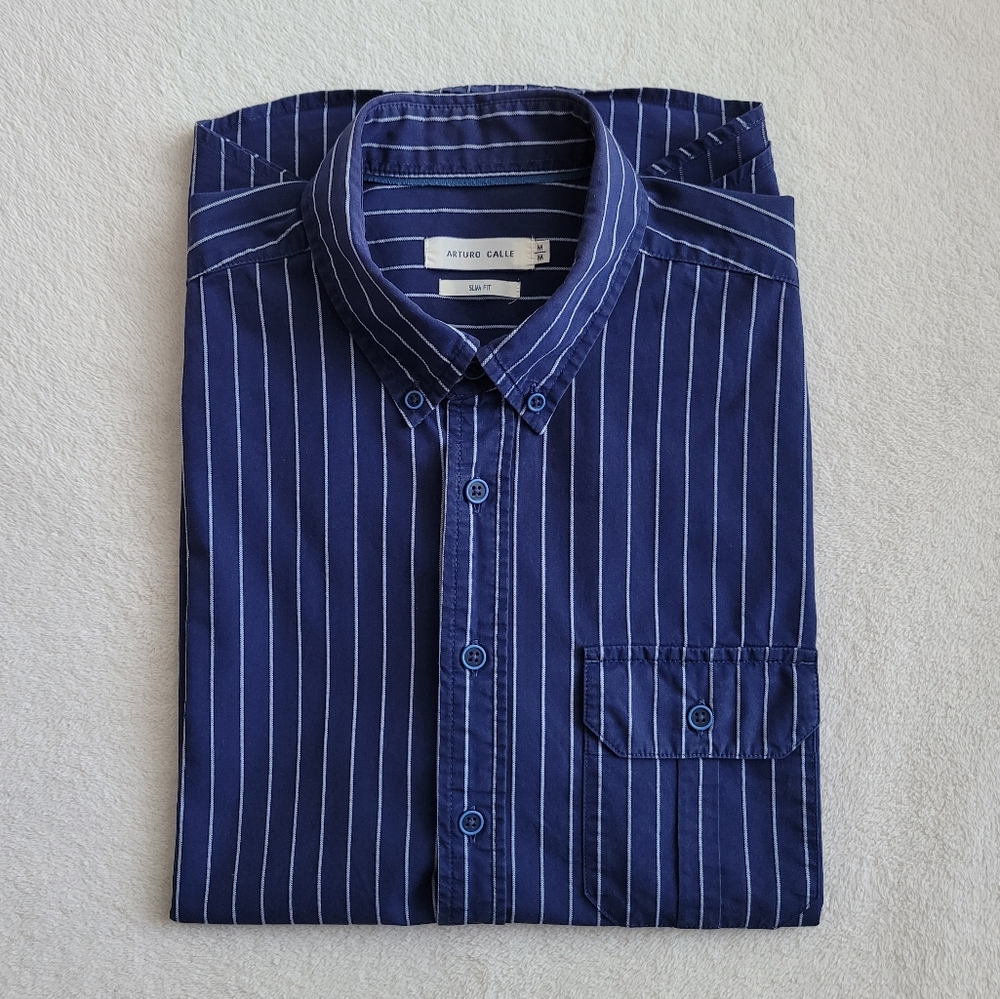 AC | Men's Slim Fit Striped Short Sleeve Button-Down Shirt EUC Medium - Picture 15 of 15